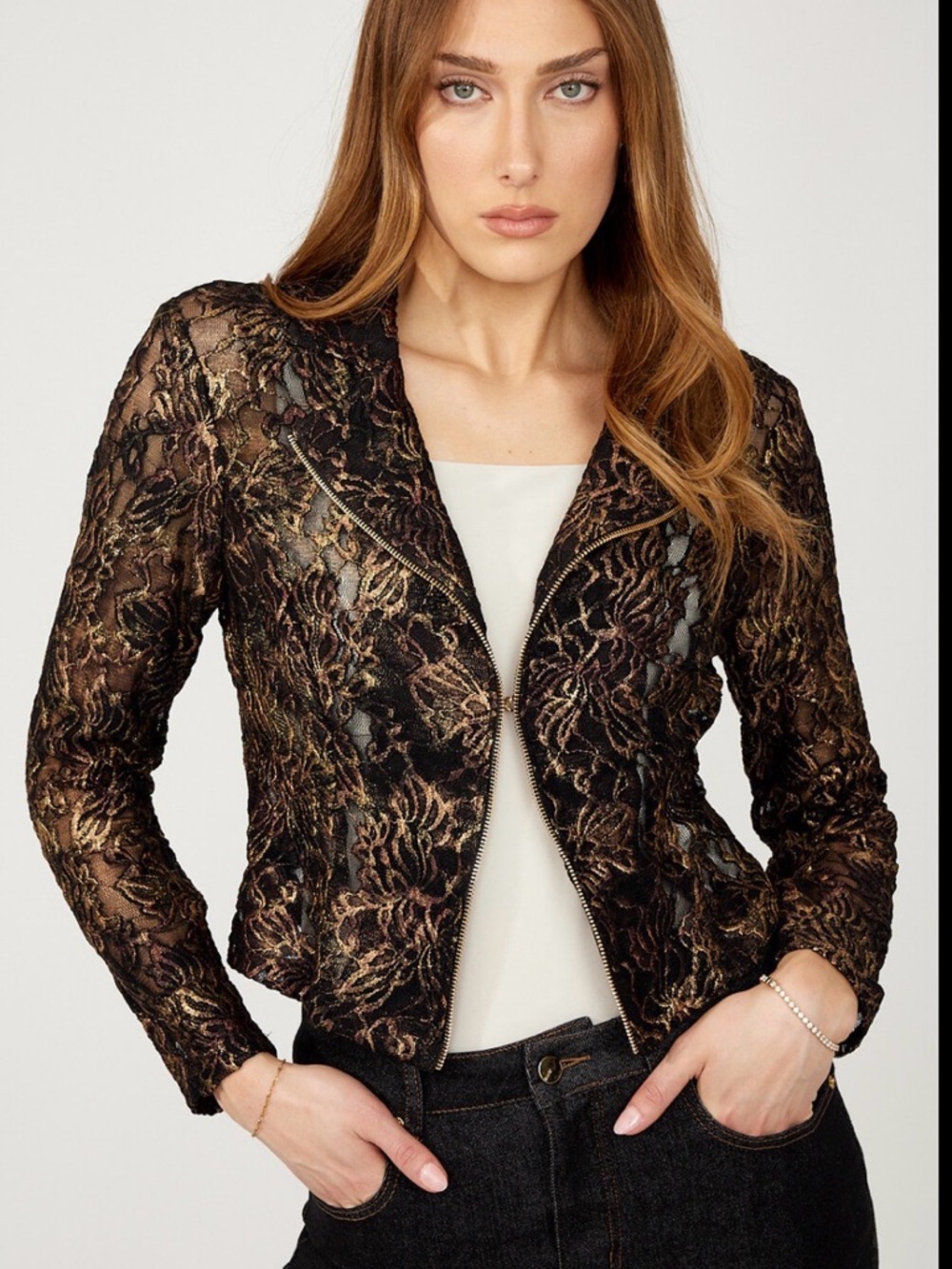 Frank Lyman Design Black & Gold Lace Zip-Front Blazer Sz 8